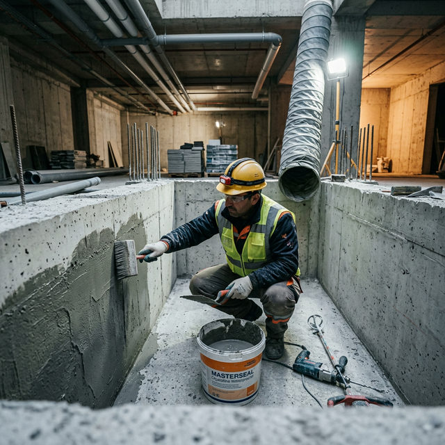 Sultanbeyli su kuyusu izolasyonu çalışmamızda bina asansör dairesi altındaki beton yüzeye kristalize yalıtım uygulaması